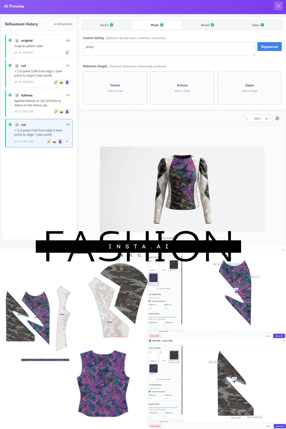 fashioninsta_AI image: FashionINSTA AI software displays a 3D model of an athletic long-sleeve top featuring a vibrant purple and pink swirl pattern mixed with camouflage. The interface also shows flat pattern pieces and design refinements.