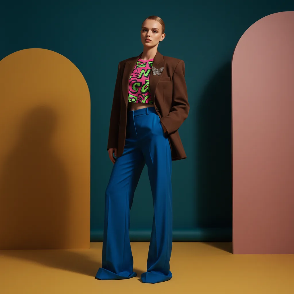 fashionINSTA image: Confident model in a brown blazer with a butterfly brooch, a vibrant graphic crop top, and blue wide-leg trousers, standing in a contemporary studio with a geometric backdrop.