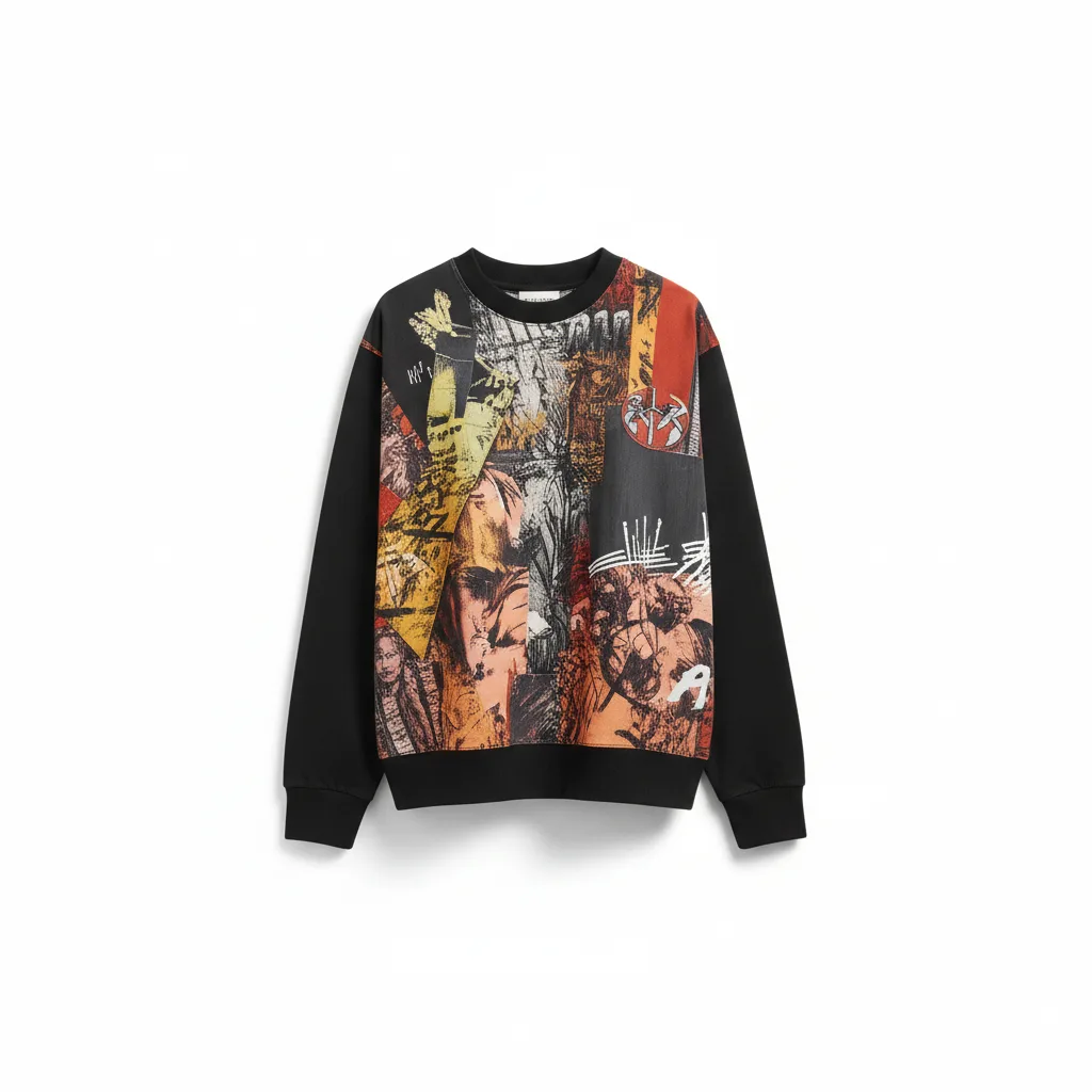 fashioninsta_AI image: Black crew neck sweatshirt featuring an artistic and edgy graphic print. The collage design showcases abstract illustrations in warm tones across the front, with solid black long sleeves and ribbed cuffs.