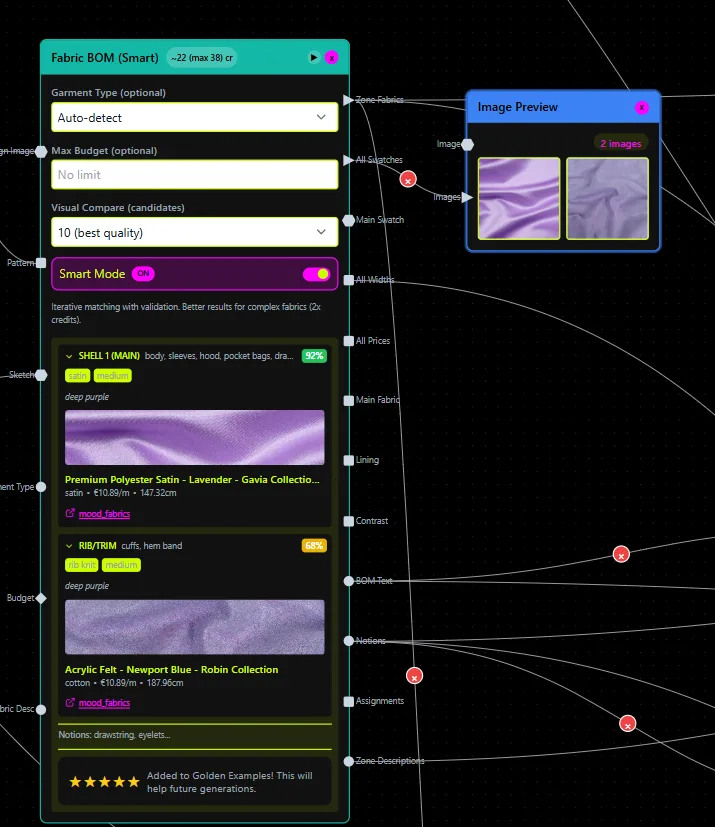 fashioninsta_AI image: A digital fashion CAD interface displays a Smart Fabric BOM for a garment, showcasing deep purple satin and rib knit fabrics. This data-driven product development tool aids in material selection.