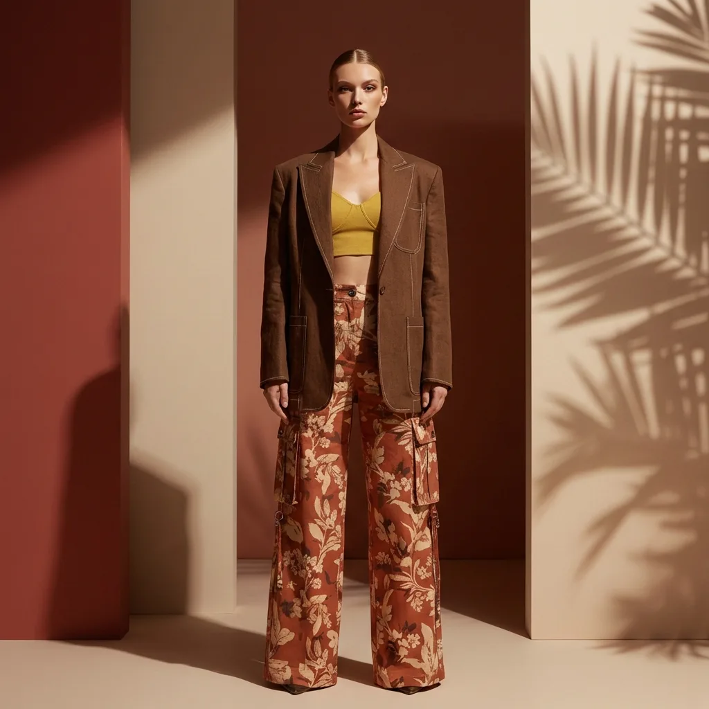 fashioninsta_AI image: Elegant model in a brown blazer, yellow crop top, and floral wide-leg cargo pants. She stands in a warm-toned studio with an architectural background and palm shadow.