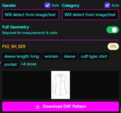 A dark mode software interface displays a technical flat of a women's long-sleeve button-up shirt. The fashionINSTA tool includes automated pattern-making settings and a magenta button for downloading DXF files.