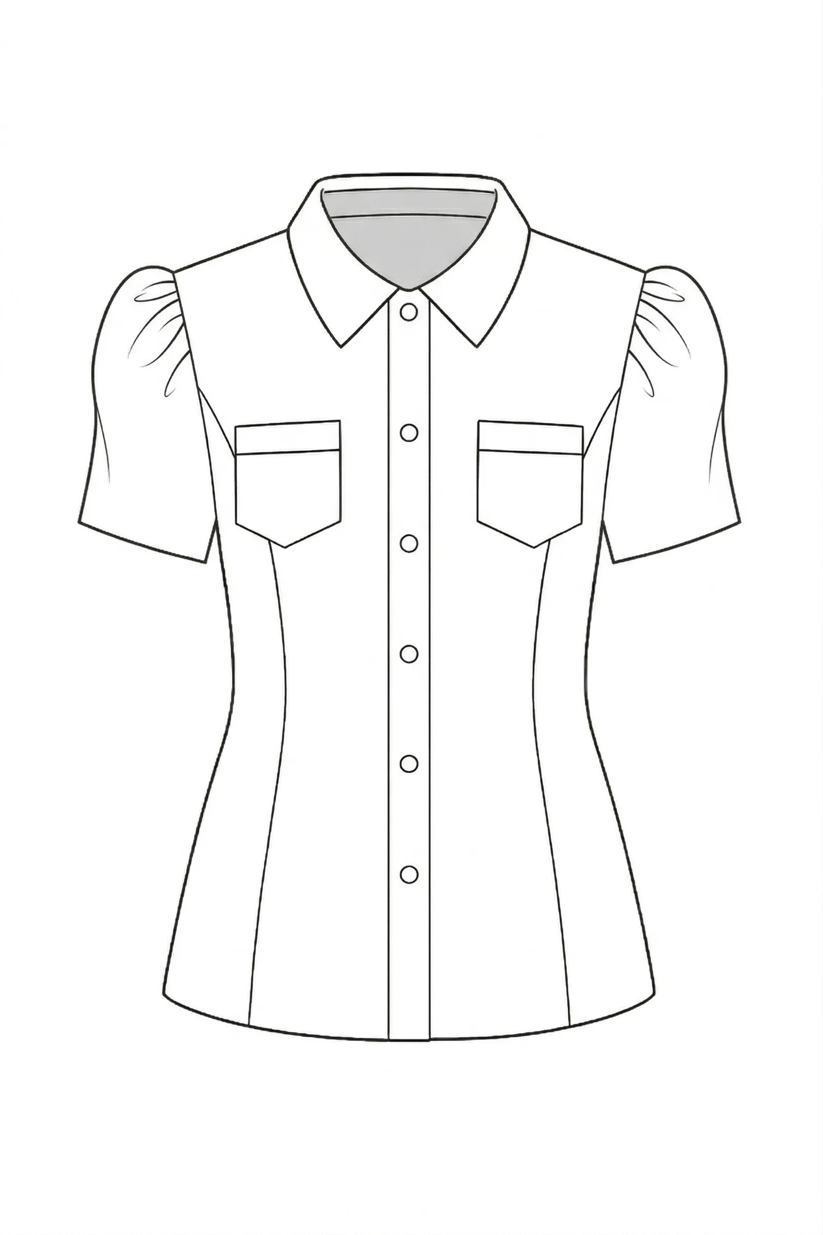 This fashioninsta_AI technical flat sketch features a women's button-front blouse with a point collar and puff sleeves. The professional design includes chest patch pockets and a tailored, fitted silhouette.