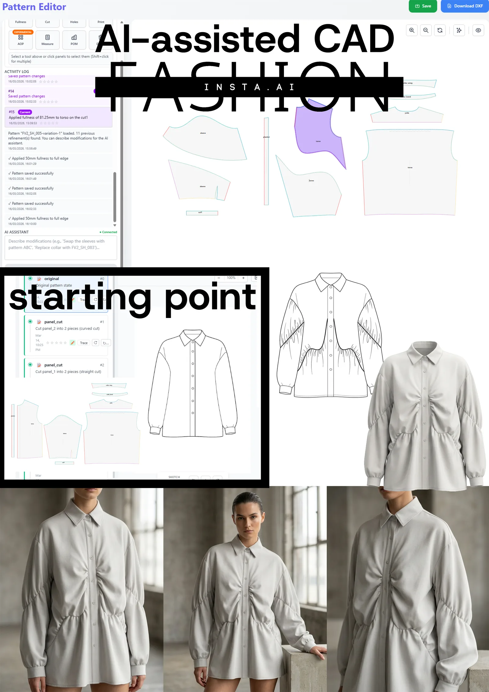 A fashionINSTA interface displays the AI-assisted design of a light grey button-down shirt with intricate ruching. The workflow moves from digital patterns to 3D renders and final garment photography.