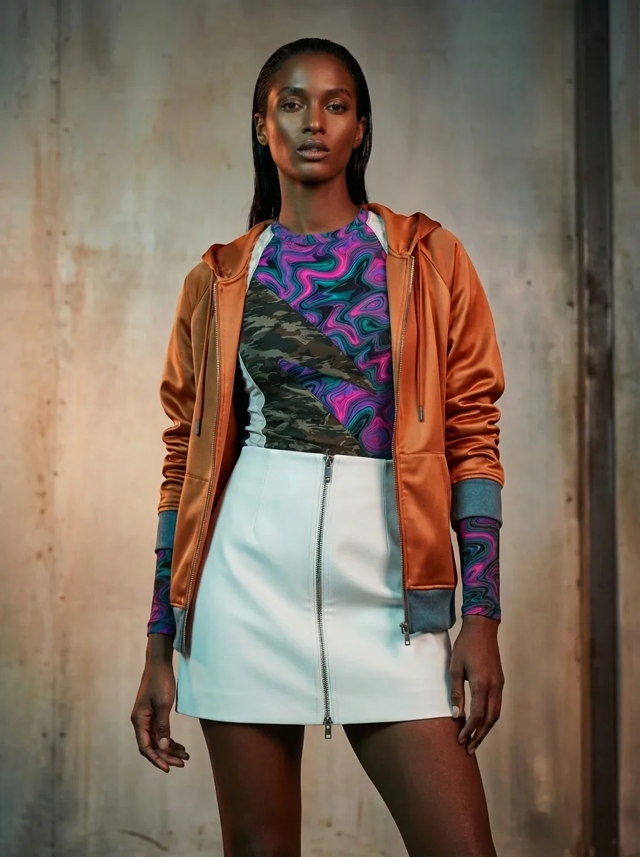 Model wearing an orange satin hoodie over a psychedelic swirl top with camouflage panels. This fashioninsta_AI look is paired with a white leather zip-front mini skirt in an industrial studio.